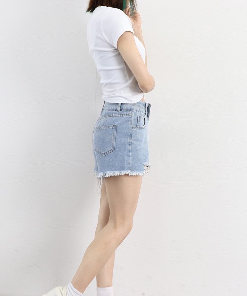 Miniministore(ミニミニストア)の「ダメージ加工デニムショートパンツ 韓国風(デニムパンツ・レディース・ブラック/サックスブルー/ホワイト・L/M/XL)」の21枚目の写真