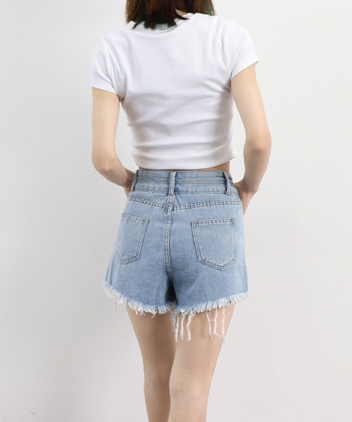 Miniministore(ミニミニストア)の「ダメージ加工デニムショートパンツ 韓国風(デニムパンツ・レディース・ブラック/サックスブルー/ホワイト・L/M/XL)」の22枚目の写真