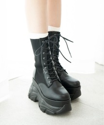 R&E（アールアンドイー）の「【R&E】厚底ラバーStormソックスレースアップミドルブーツ（ブーツ）」