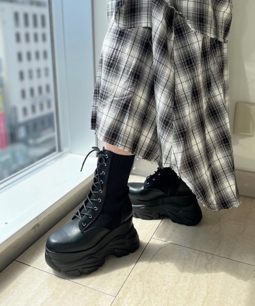 R&E ソックスブーツ　レースアップ　厚底ラバー　L R&E】厚底ラバーStormソックスレースアップミドルブーツ（ブーツ