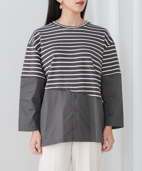 Bou Jeloud(ブージュルード)の「ボーダー斜め切替ドッキングトップス(Tシャツ/カットソー・レディース・オフホワイト/グレー・38)」の14枚目の写真