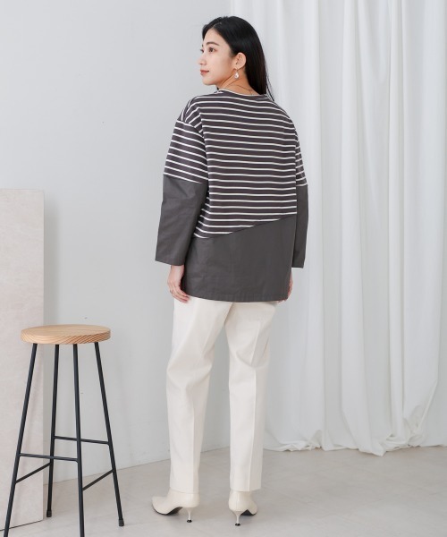 Bou Jeloud(ブージュルード)の「ボーダー斜め切替ドッキングトップス(Tシャツ/カットソー・レディース・オフホワイト/グレー・38)」の15枚目の写真