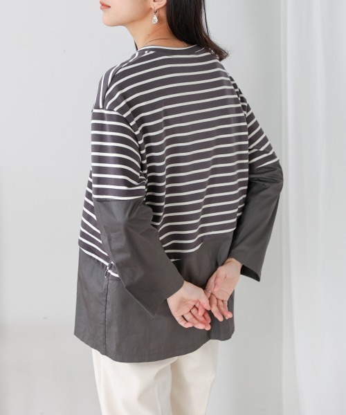 Bou Jeloud(ブージュルード)の「ボーダー斜め切替ドッキングトップス(Tシャツ/カットソー・レディース・オフホワイト/グレー・38)」の3枚目の写真