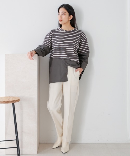 Bou Jeloud(ブージュルード)の「ボーダー斜め切替ドッキングトップス(Tシャツ/カットソー・レディース・オフホワイト/グレー・38)」の4枚目の写真