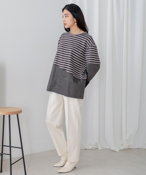 Bou Jeloud(ブージュルード)の「ボーダー斜め切替ドッキングトップス(Tシャツ/カットソー・レディース・オフホワイト/グレー・38)」の13枚目の写真