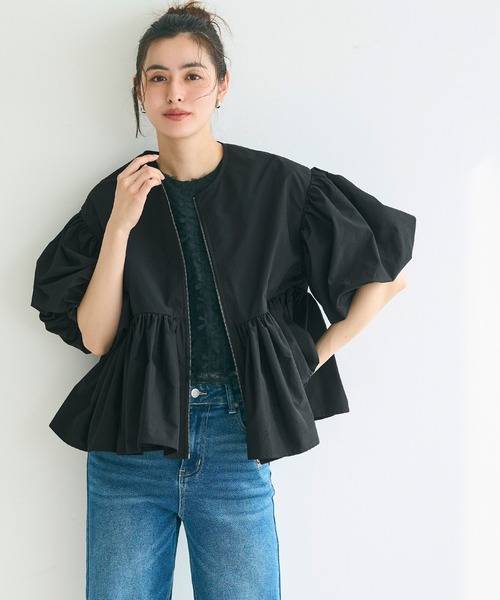 coca（coca）（コカ）の「【WEB限定セール】パリフワバルーン袖ギャザージャケット（ノーカラージャケット・レディース・ブラック/ネイビー/ベージュ・L/M）」の14枚目の写真