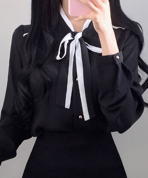 【美品】リヴドロワ　ボウタイブラウス　長袖　ドット　ブラック セール】ドット柄ボウタイブラウス オフィス ビジネス