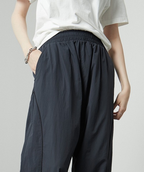 Alfred Alex】切替パイピング ハイウエスト ワイドナイロンパンツ