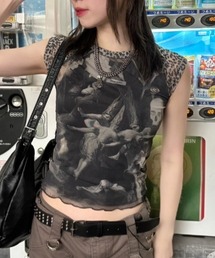 Basic Pleasure Mode | ストリートファッション Y2Kファッション Basic Pleasure Mode ベーシックプレジャーモード GOYA TANK シースルーTシャツ シースルートップス メッシュトップス プリントTシャツ 半袖トップス 半袖Tシャツ ヒョウ柄トップス(Tシャツ/カットソー)