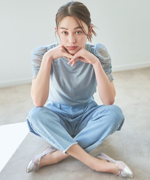 mysty woman（ミスティウーマン）の「ラメシアーギャザースリーブプルオーバー　119180（Tシャツ/カットソー・レディース・グレイッシュブルー/チャコールグレー/オフホワイト/オレンジ・FREE）」の4枚目の写真