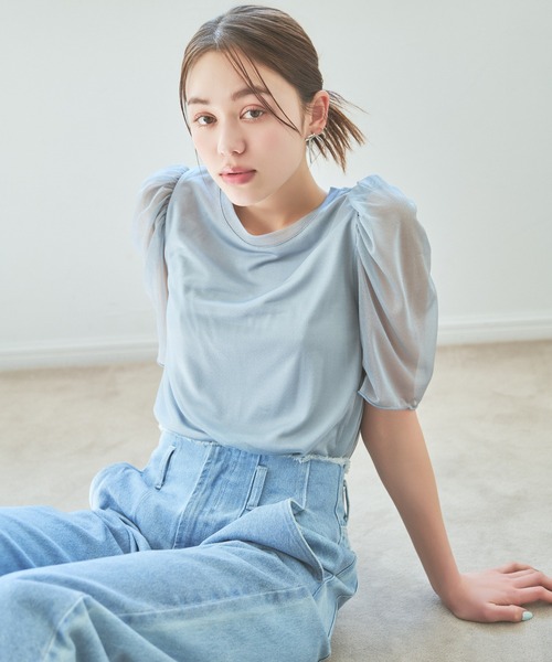 mysty woman（ミスティウーマン）の「ラメシアーギャザースリーブプルオーバー　119180（Tシャツ/カットソー・レディース・グレイッシュブルー/チャコールグレー/オフホワイト/オレンジ・FREE）」の6枚目の写真