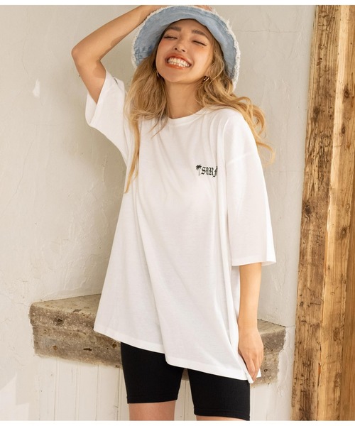 anap mimpi（アナップミンピ）の「パームツリー　チェッカーデザイン　ビッグ 半袖 Tシャツ（Tシャツ/カットソー・レディース・オレンジ/ブラック/ホワイト・FREE）」の4枚目の写真