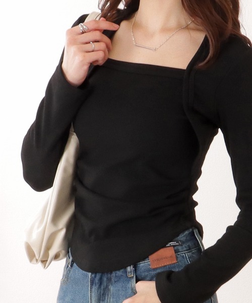 Lace Ladies(レースレディース)の「ソリッドカラー 裏起毛 スクエアネック スリム フィット カットソー(Tシャツ/カットソー・レディース・グレー/ブラック/モカ・M/XL)」の2枚目の写真