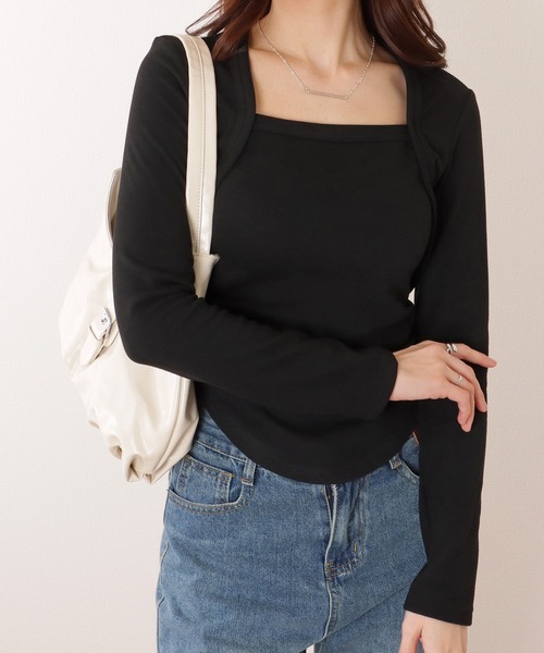 Lace Ladies(レースレディース)の「ソリッドカラー 裏起毛 スクエアネック スリム フィット カットソー(Tシャツ/カットソー・レディース・グレー/ブラック/モカ・M/XL)」の4枚目の写真