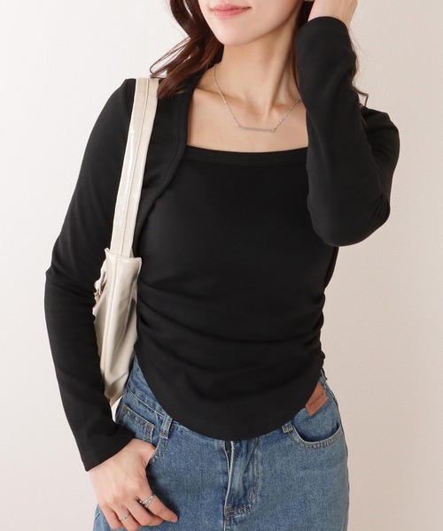 Lace Ladies(レースレディース)の「ソリッドカラー 裏起毛 スクエアネック スリム フィット カットソー(Tシャツ/カットソー・レディース・グレー/ブラック/モカ・M/XL)」の7枚目の写真