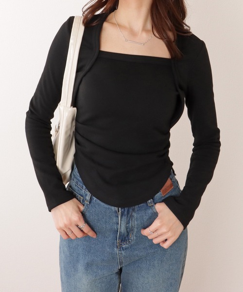 Lace Ladies(レースレディース)の「ソリッドカラー 裏起毛 スクエアネック スリム フィット カットソー(Tシャツ/カットソー・レディース・グレー/ブラック/モカ・M/XL)」の8枚目の写真