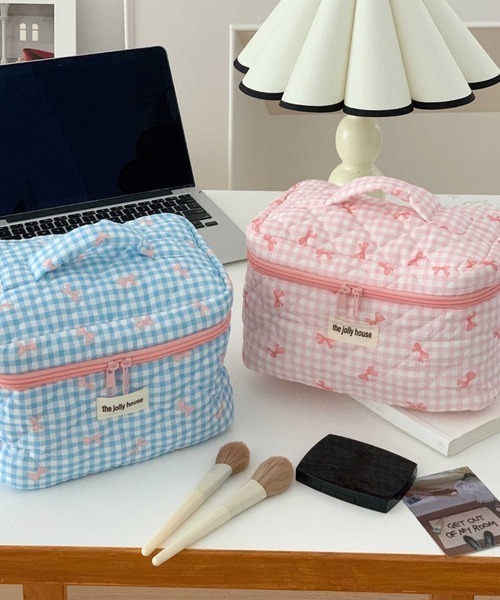 urge select】《大容量》ギンガムチェック リボン柄 バニティポーチ