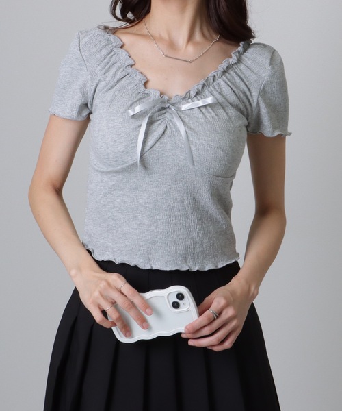 Lace Ladies（レースレディース）の「深Vネック 2WAY オフショル メロウ トップス（Tシャツ/カットソー・レディース・アイボリー/グレー/ミント・S/M/XL）」の3枚目の写真