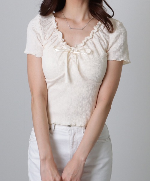Lace Ladies（レースレディース）の「深Vネック 2WAY オフショル メロウ トップス（Tシャツ/カットソー・レディース・アイボリー/グレー/ミント・S/M/XL）」の16枚目の写真