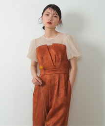 Kana(カナ)のチュール パフスリーブ ワイドパンツ オールインワン ハイウエスト  パーティー ドレス 結婚式 お呼ばれ オケージョン(パンツドレス)