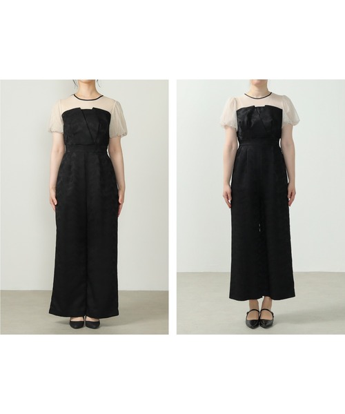 チュール パフスリーブ ワイドパンツ オールインワン ハイウエスト  