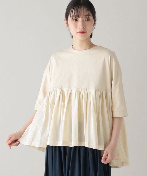 tシャツ 「natural by clip / mumokutekiコラボ」華やぎ布帛コンビTシャツ レディース セール】《natural by clip / mumokutekiコラボ》華やぎ布帛
