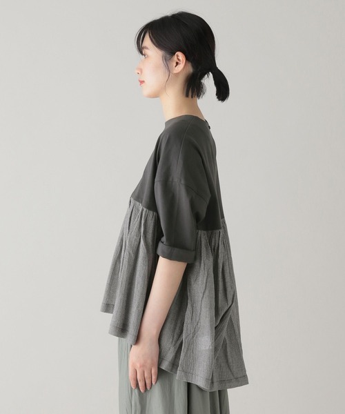 tシャツ 「natural by clip / mumokutekiコラボ」華やぎ布帛コンビTシャツ レディース セール】《natural by clip / mumokutekiコラボ》華やぎ布帛