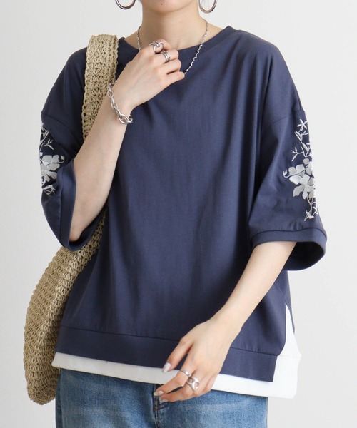 Quelle Chance(ケルシャンス)の「Quelle chance 袖刺繍六分袖プルオーバー(Tシャツ/カットソー・レディース・ネイビー/オフホワイト/グレー・M)」の3枚目の写真