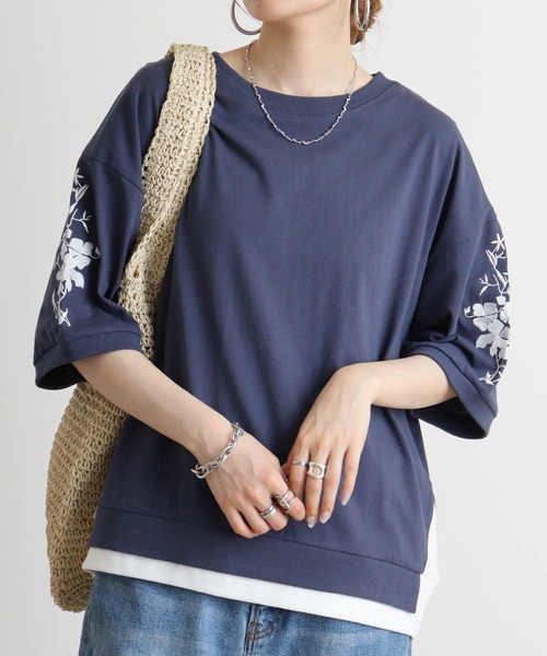 Quelle Chance(ケルシャンス)の「Quelle chance 袖刺繍六分袖プルオーバー(Tシャツ/カットソー・レディース・ネイビー/オフホワイト/グレー・M)」の15枚目の写真