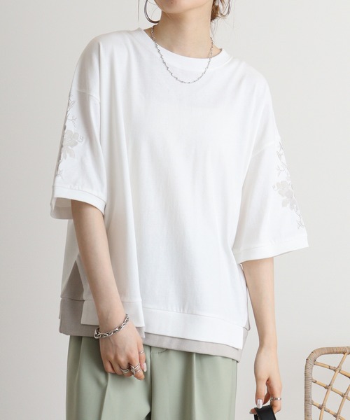 Quelle Chance(ケルシャンス)の「Quelle chance 袖刺繍六分袖プルオーバー(Tシャツ/カットソー・レディース・ネイビー/オフホワイト/グレー・M)」の5枚目の写真