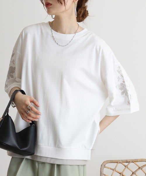 Quelle Chance(ケルシャンス)の「Quelle chance 袖刺繍六分袖プルオーバー(Tシャツ/カットソー・レディース・ネイビー/オフホワイト/グレー・M)」の6枚目の写真