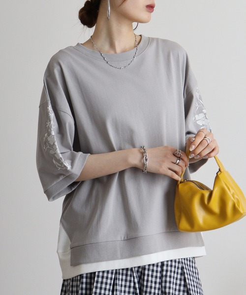 Quelle Chance(ケルシャンス)の「Quelle chance 袖刺繍六分袖プルオーバー(Tシャツ/カットソー・レディース・ネイビー/オフホワイト/グレー・M)」の11枚目の写真