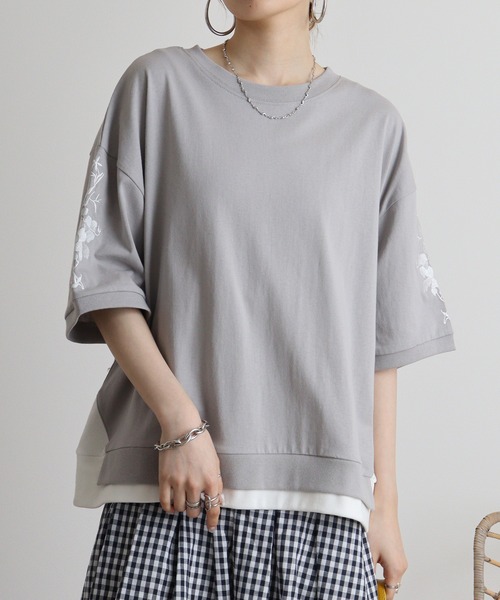 Quelle Chance(ケルシャンス)の「Quelle chance 袖刺繍六分袖プルオーバー(Tシャツ/カットソー・レディース・ネイビー/オフホワイト/グレー・M)」の10枚目の写真