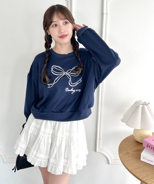 ルーズシルエット リボン刺繍スウェット セール】リボン刺繍スウェットトップス（スウェット）｜Loueme