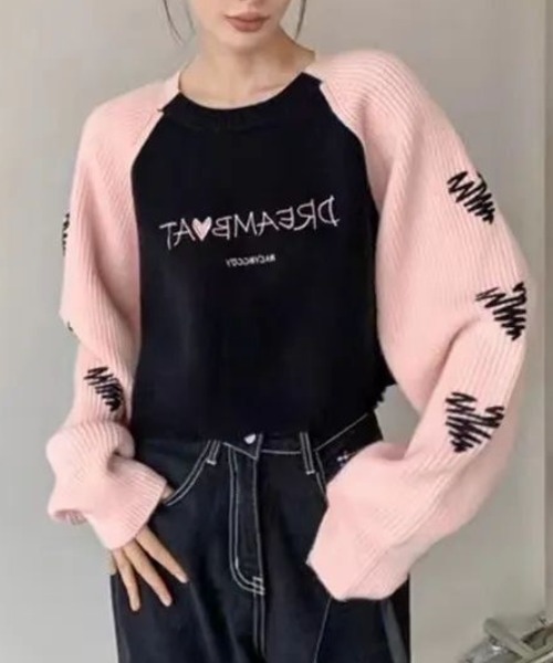 Achic(アシック)の「袖ハートししゅうニットセーター(ニット/セーター・レディース・ホワイト/ピンク・M)」の1枚目の写真