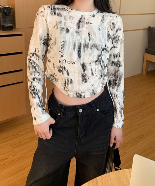LYEON(リヨン)の「サイドドロストクロップドトップス/クラッシュ加工トップス(Tシャツ/カットソー・レディース・ホワイト/グレー・FREE)」の5枚目の写真