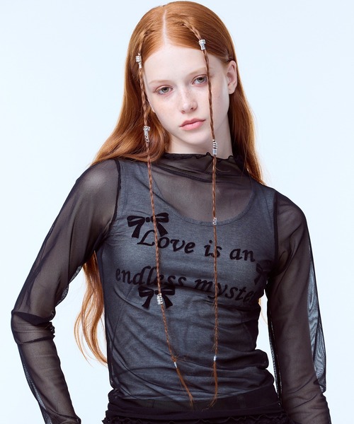 LUVISTRUE(ラヴイズトゥルー)の「PA SEE-THROUGH RIBBON TOP(Tシャツ/カットソー・レディース・ブラック/ホワイト・FREE)」の1枚目の写真