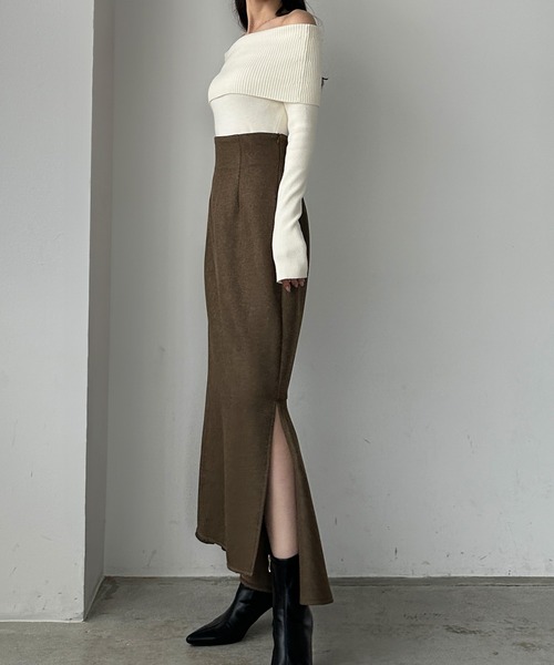 セール】裏起毛ハイウエストヘリンボーンスリットマーメイドスカート