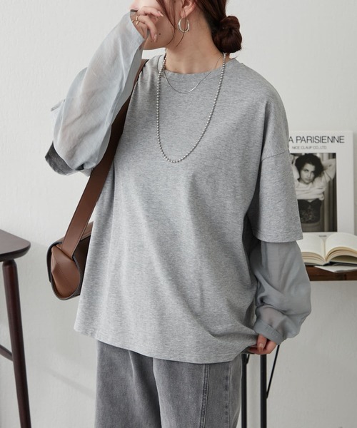 Remind me and forever(リマインドミーアンドフォーエバー)の「シルケット風レイヤードプルオーバー(Tシャツ/カットソー・レディース・グレー/チャコールグレー/イエロー・FREE)」の15枚目の写真
