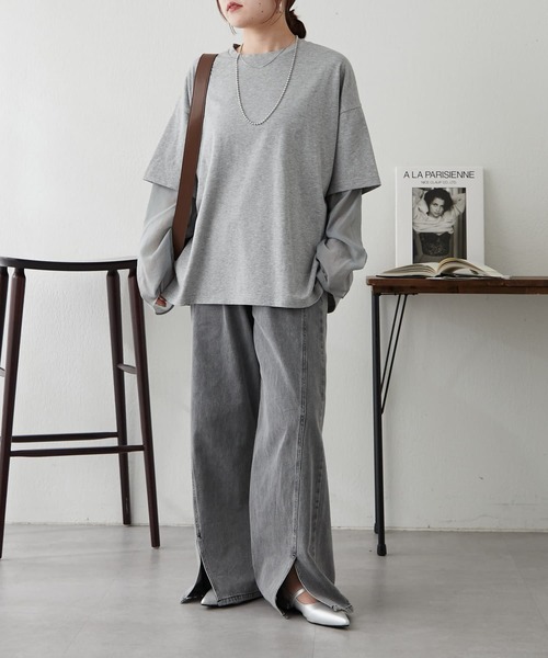 Remind me and forever(リマインドミーアンドフォーエバー)の「シルケット風レイヤードプルオーバー(Tシャツ/カットソー・レディース・グレー/チャコールグレー/イエロー・FREE)」の19枚目の写真