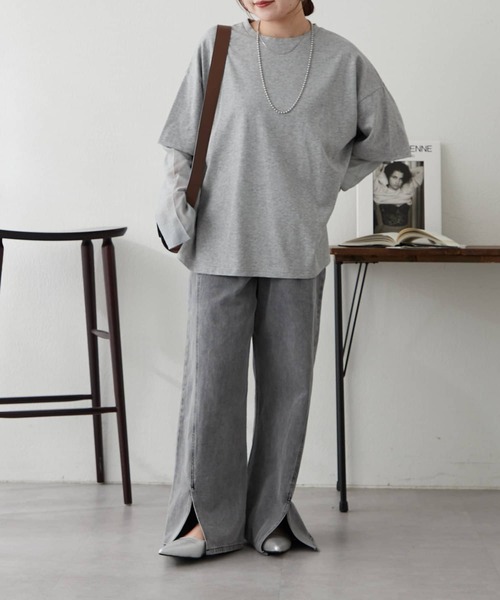 Remind me and forever(リマインドミーアンドフォーエバー)の「シルケット風レイヤードプルオーバー(Tシャツ/カットソー・レディース・グレー/チャコールグレー/イエロー・FREE)」の20枚目の写真