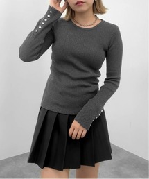 【jiasecond.】ラメリブシルバーボタンニット / トップス ニット リブ ラメ クルーネック 長袖 ブラック チャコール シルバー ZOZOTOWN限定