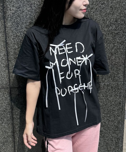 madrepadre(マドレパドレ)の「リボンデザインワードプリント半袖Tシャツ(Tシャツ/カットソー・レディース・ブラック/ホワイト・MEDIUM)」の2枚目の写真