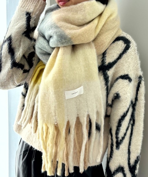 ふわふわボリューム チェック柄フリンジマフラー（マフラー）｜SEN