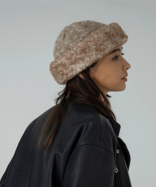 FREAK'S STORE（フリークスストア）の「HAND KNIT FUR WT（ニットキャップ/ビーニー・レディース・ブラック/ベージュ・ONE SIZE）」の2枚目の写真