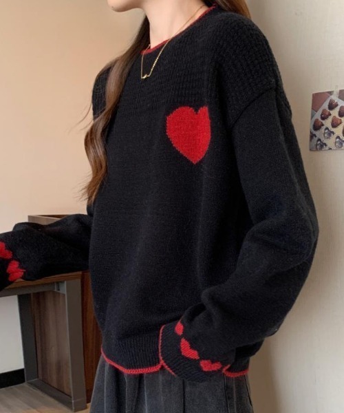 DIAVEL（ディアベル）の「ハート柄ジャカードニットトップス　プルオーバー（ニット/セーター・レディース・ブラック/レッド/ホワイト・M）」の7枚目の写真