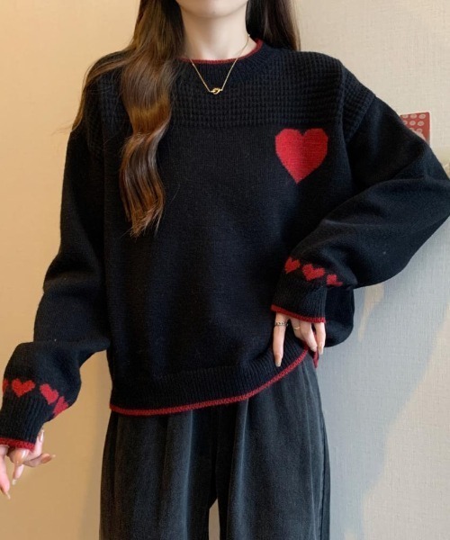 DIAVEL（ディアベル）の「ハート柄ジャカードニットトップス　プルオーバー（ニット/セーター・レディース・ブラック/レッド/ホワイト・M）」の9枚目の写真