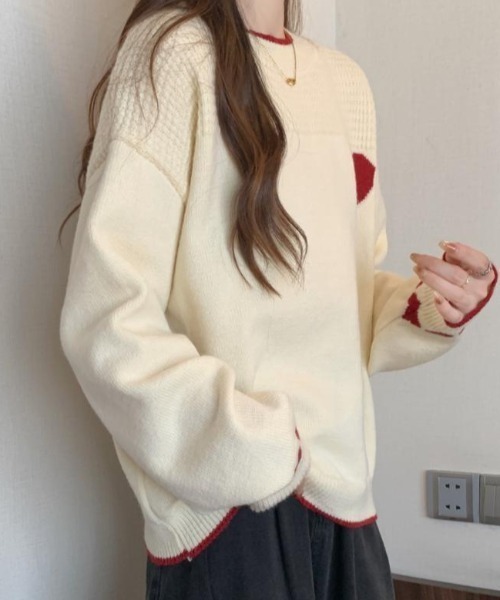 DIAVEL（ディアベル）の「ハート柄ジャカードニットトップス　プルオーバー（ニット/セーター・レディース・ブラック/レッド/ホワイト・M）」の12枚目の写真