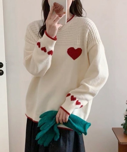 DIAVEL（ディアベル）の「ハート柄ジャカードニットトップス　プルオーバー（ニット/セーター・レディース・ブラック/レッド/ホワイト・M）」の20枚目の写真