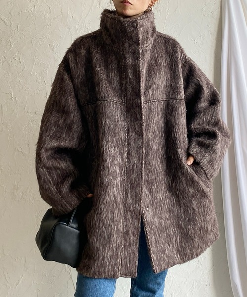 セール】スタンドネックミドル丈モンスターシャギーコート（ステン